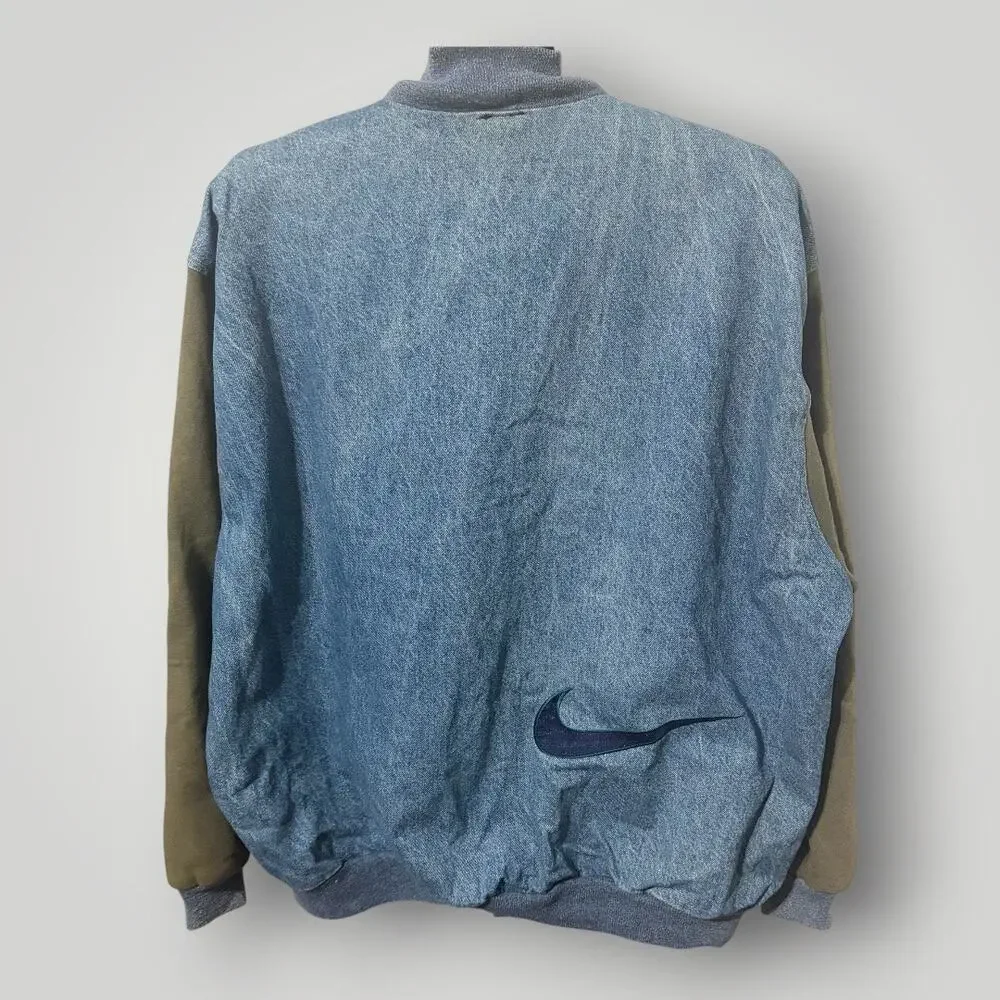 Vintage 90s Nike Denim Varsity Jacket XXL Big Swoosh Back Olive Green Bomber